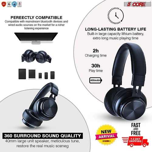 Saraline™ 5Core Bluetooth Wireless Headphones with Mic & Noise Cancellation